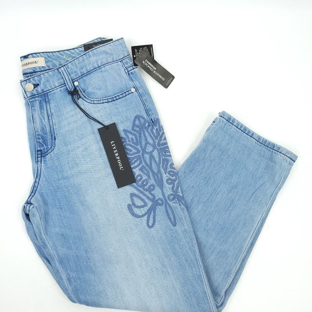 Liverpool The Boyfriend Crop Jeans NEW Embroidered 8 / 29 Light Wash Denim Capri